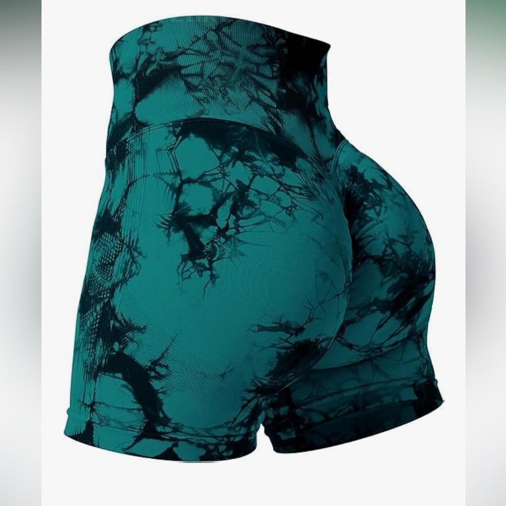 Tie Dye Seamless Biker Shorts with Scrunch Butt Detail Green and Black Size M